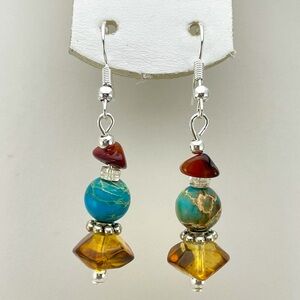 Artisan Gemstone Brown Glass Beaded Dangle Earrings Dainty Silver Tone Boho Cute